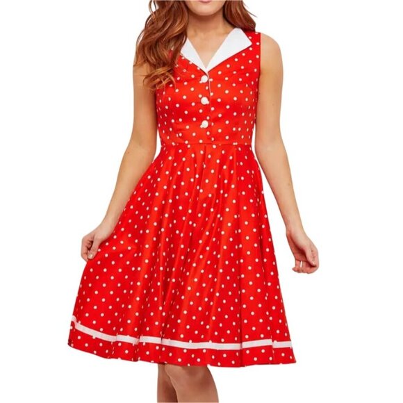 Joe Browns Retro Red Polka Dot Sleeveless Dress Size 12 Vintage Style Full skirt - Picture 1 of 13